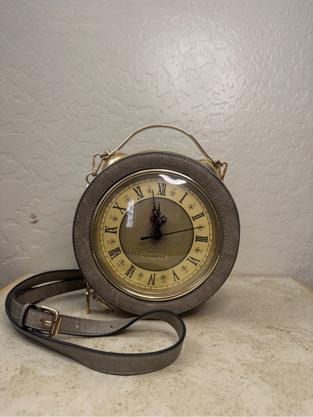 Round Clock-Face Crossbody Bag in Taupe